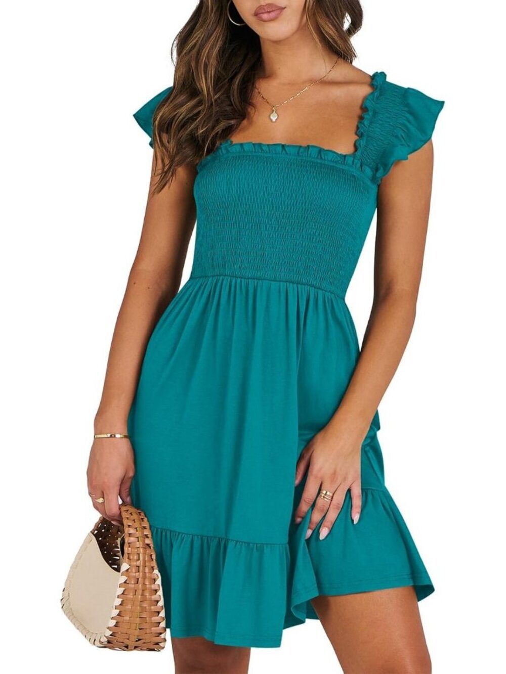 Women's Summer Sleeveless Square Neck Dress Lake Green Smocked Ruffle Backless